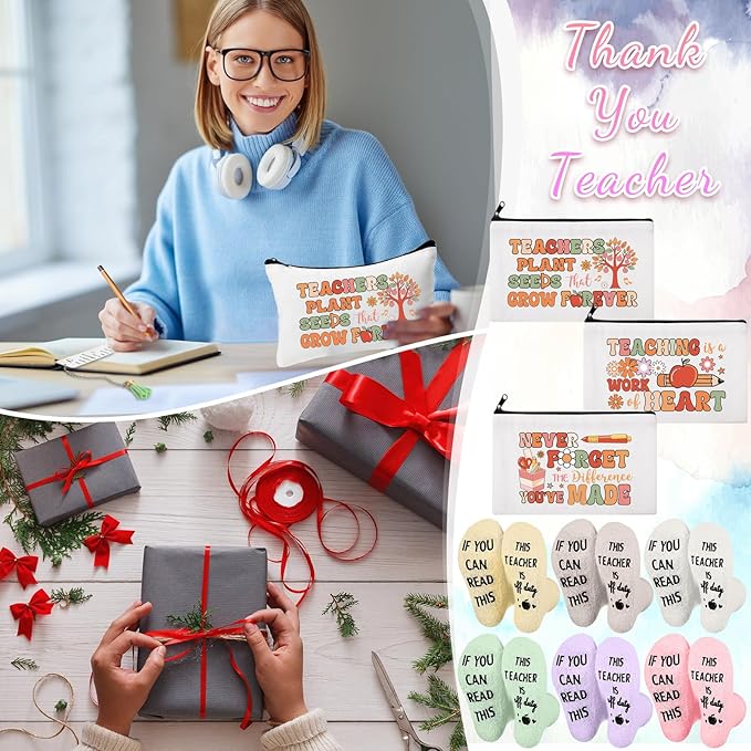 Paterr 24 Pcs Teacher Appreciation Gifts Set End of Year Gifts for Women Bulk Including Socks Makeup Bags Keychain Metal Bookmark for Graduation Birthday(Heart Teaching,Fleece)