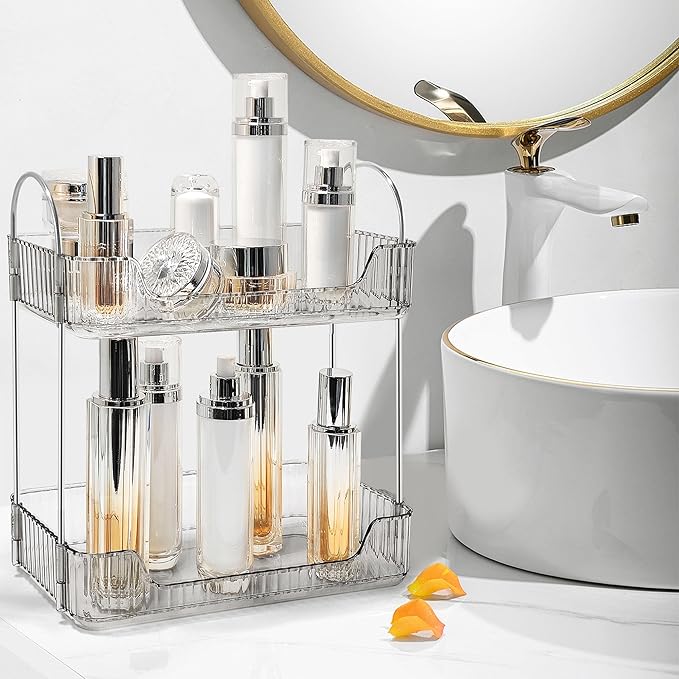 Bathroom Counter Organizer Countertop Storage Skincare Countertop Makeup Organizer Cosmetics Skincare Organizers Holder for Perfume-Grey-Silver Pole
