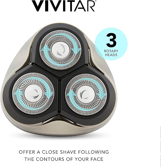 VIVITAR Metallic Cordless 3 Head Rotary Shaver, Cordless Electric Rotary Shaver for Men with Three Independently-Floating Heads, Pop-up Trimmer, and Stainless Steel Blades for Wet and Dry Uses