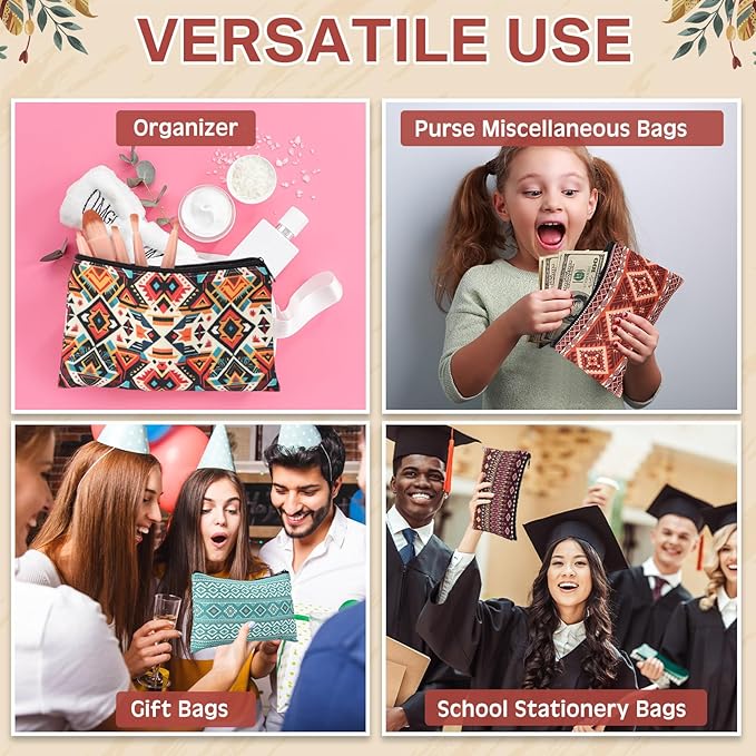 24 Pieces Makeup Bags Bulk Canvas Cosmetic Bags Purse Organizer Zipper Cosmetic Pouch Portable Travel Toiletry Pouch for Women Men Gifts, 7 x 4 Inch(Ethnic)