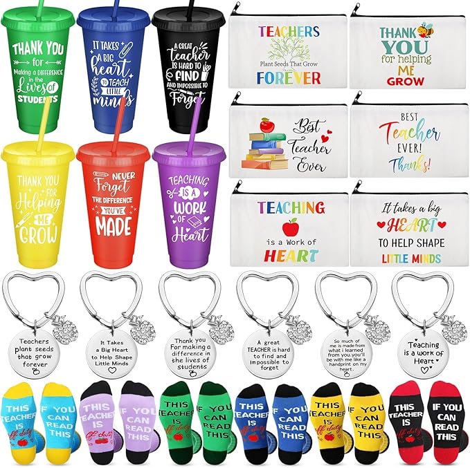 24 Pcs Teacher Appreciation Gift from Students 2025 Teachers' Day Thank You Gifts Bulk 24 oz Plastic Tumbler Cup Makeup Cosmetic Bag with Zipper Crew Sock Keychain for Retirement(Vibrant)
