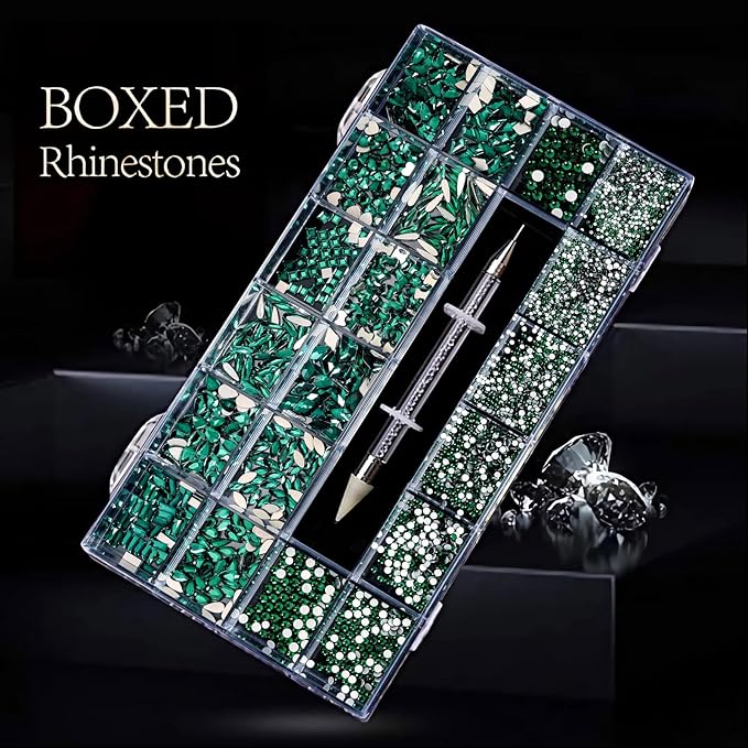 12 Types of Green 600 Diamonds + 2500 Flat Rhinestones Mix 20 Styles Flatback DIY Crafts Rhinestone Crystals 3D Decorations Flat Back Stones Set + Rhinestone Picker Wax Pen