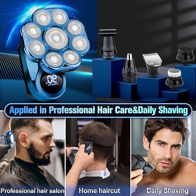 9D Head Shavers for Bald Men, Electric Shaver for Men,6 in 1 Mens Grooming Kit with Nose Hair Trimmer, Beard Trimmer,Waterproof Wet/Dry Rotary Shaver,Gift for Father, Husband, Boyfriend(Blue)