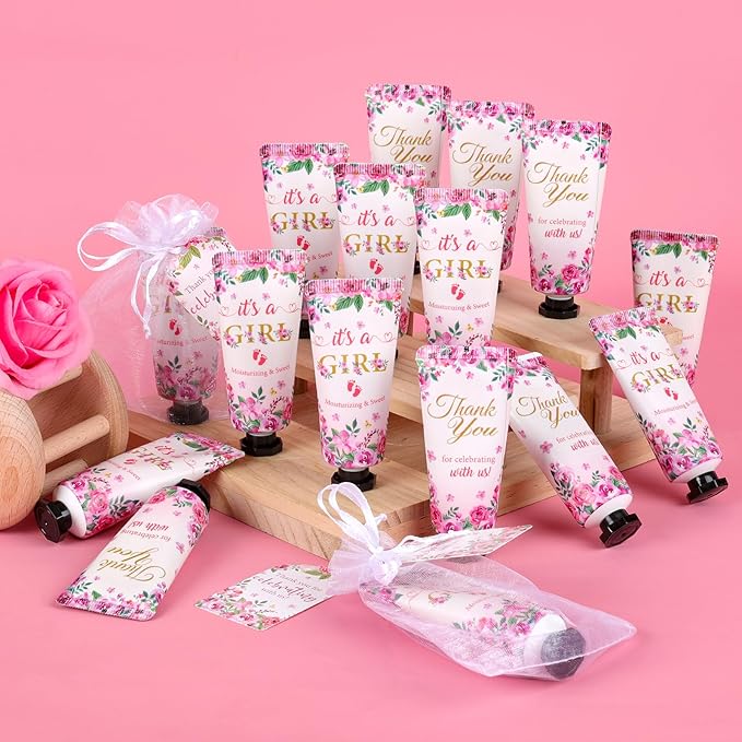 50 Pack Bulk Hand Cream Sets, Bridal Shower Favors, Appreciation Gifts and Baby Shower Favors for Guests with Thank You Card and Organza Gift Bags, Wedding Party Favors (Baby Girls)