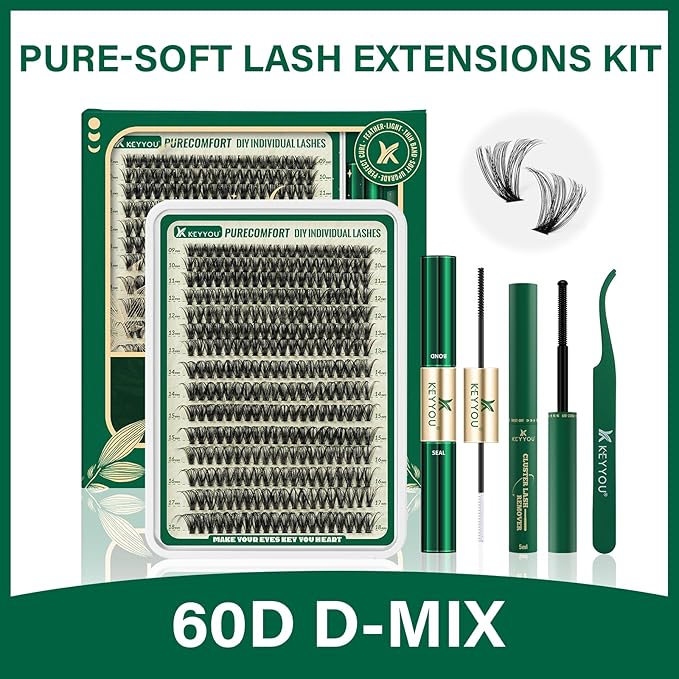 DIY Lash Extension Kit 300pcs Soft Lash Clusters 60D D Curl Easy to Apply with Lash Bond and Seal Lash Applicator Lash Remover Eyelash Extension Kit at Home(RMkit-60D-D-9-18mix)