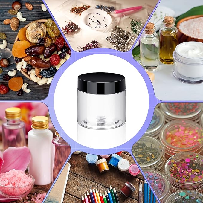 Aoriher 150 Pcs Plastic Container Jars with Lids Round Cosmetic Jars Empty Plastic Container for Lotion, Cream, Ointments, Makeup, Eye Shadow, Rhinestone, Samples, Pot, Travel Storage(2 oz,Black)