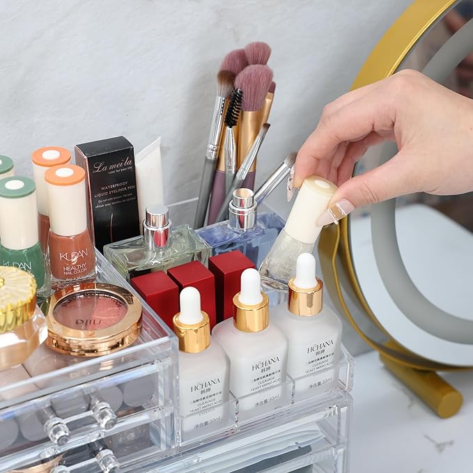 Cq acrylic Clear Makeup Organizer - 2 Drawer Vanity Makeup Holder for Skincare, Hair Clip, Jewelry and Beauty Storage - 1 Pack