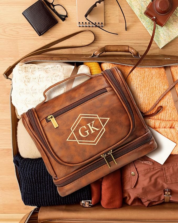 Personalized toiletry Bag for Men, Father's Day Gifts, Custom Engraved Leather Toiletry Organizer, Waterproof Dopp Kit & Gifts for Dad, Husband, Groomsmen