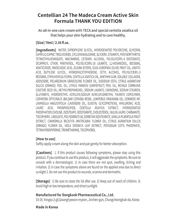 CENTELLIAN 24 Madeca Cream (Special Edition - Thank You, 2.4fl oz) - Centella Moisturizer for Face, Korean Skin Care. Dry, Sensitive Skin. TECA, Centella Asiatica, Madecassoside
