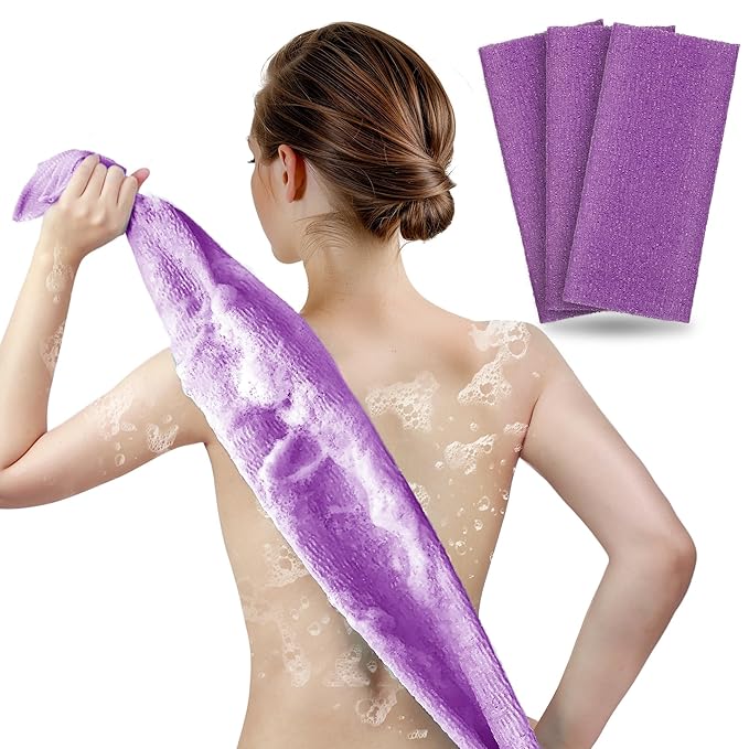 ARCH&M Exfoliating Washcloth Body Scrubber Back Scrubber for Shower Japanese Beauty Washcloth Bath Wash Cloth Korean Exfoliation Luffah Towel Net Sponge Loofah Body Scrub 3 Pack (Purple x 3)
