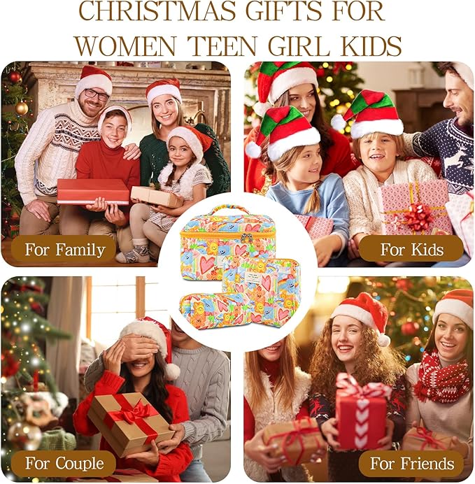 Makeup Bag, 3 PCS Quilted Makeup Bag, Cute Floral Cotton Cosmetic Bag set, Coquette Makeup Pouch Large Travel Toiletry Bag