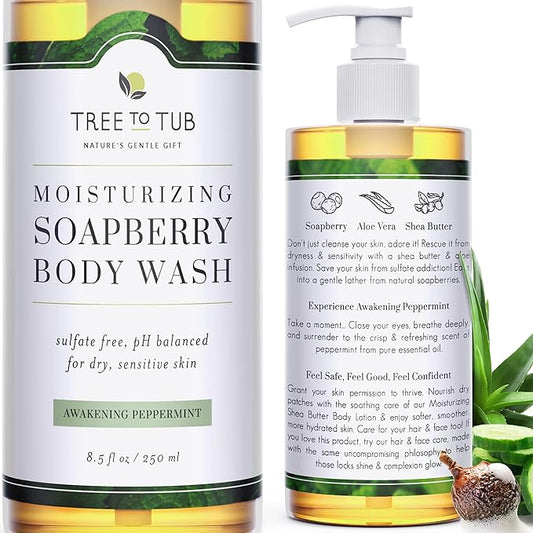 Tree to Tub Peppermint Body Wash for Sensitive Skin and Dry Skin - pH Balanced, Hydrating, Sulfate Free, Vegan Body Soap with Organic Aloe Vera