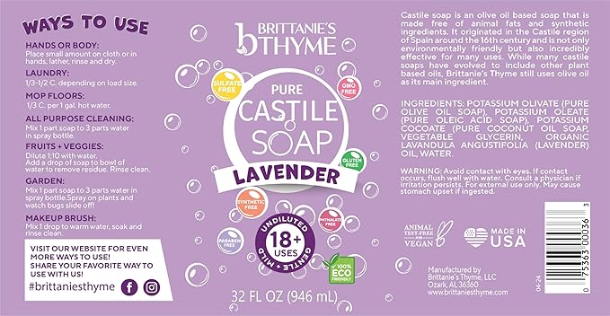 Brittanie’s Pure Castile Liquid Soap Refill, Lavender, 32 Ounce 2 Pack | Dish Soap, Hair & Body, Home, Gentle and Pure, Made with Natural Luxurious Oils, Vegan & Gluten Free Non-GMO