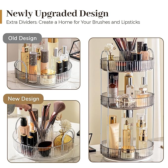 Aveniee 360° Rotating Makeup Organizer for Vanity, Upagraded Perfume Skincare Bathroom Counter Organizers with Brush Divider, 3 Tier Spinning Lipstick Cosmetic Makeup Lotion Storage Organizer (Grey)