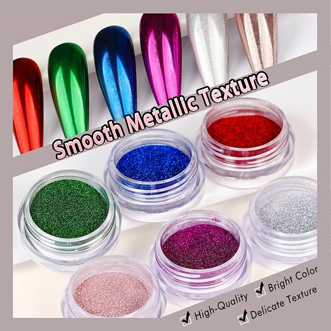 6 Colors Set 0.5g/Jar Holographic Chrome Nail Powder Metallic Mirror Effect Pigment Dust for Gel Nail Art Manicure Decoration (TA 6 Pcs Set-01)
