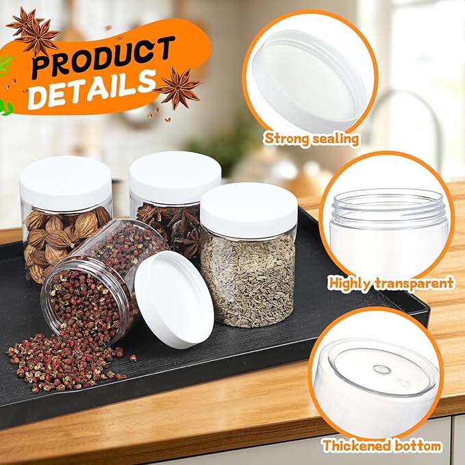48pcs 8 oz Plastic Containers with Lids Pen Labels Leak Proof BPA Free Airtight Refillable Clear Small Containers Storage Jars for Storing Dry Food Makeup Slime Honey Jam,white