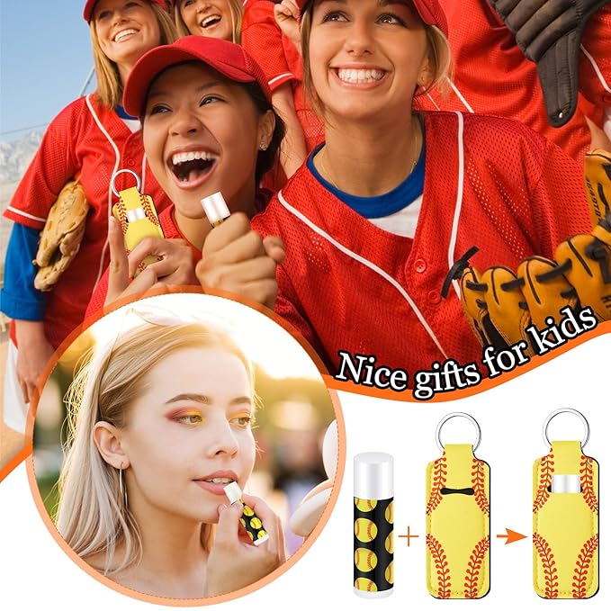18 Sets Party Favors Lip Balm and Lipstick Holder Keychain Bulk Sport Ball Team Gifts Natural Moisturizing Lip Balm Keychains Pouch for Team Gifts Sports Party Supplies(Softball)