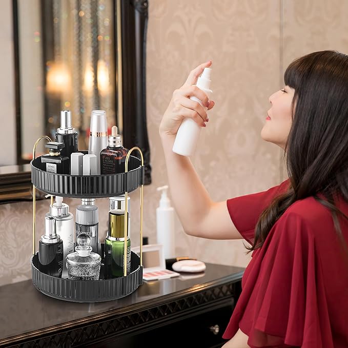 Aveniee 360 Rotating Makeup Organizer for Vanity, Skincare & Perfume, Large Capacity Bathroom Countertop Storage, 2 Tiered Black Cosmetics Lipstick & Skin Care Holder for Dresser