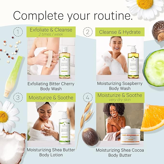 Tree to Tub Bitter Cherry Coconut Exfoliating Body Wash - Gentle Exfoliating Body Scrub for Sensitive Skin - Skin Exfoliator for Body for Women & Men w/Natural Soapberry, Natural Cherry, Organic Rice