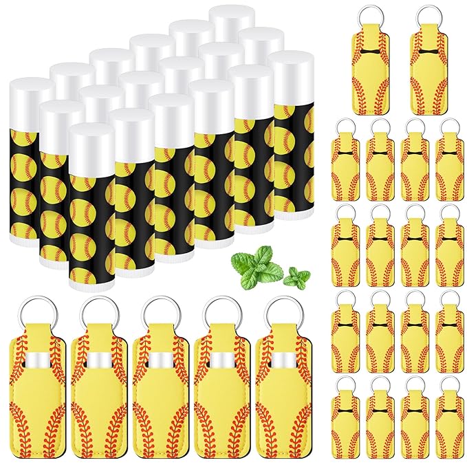 18 Sets Party Favors Lip Balm and Lipstick Holder Keychain Bulk Sport Ball Team Gifts Natural Moisturizing Lip Balm Keychains Pouch for Team Gifts Sports Party Supplies(Softball)