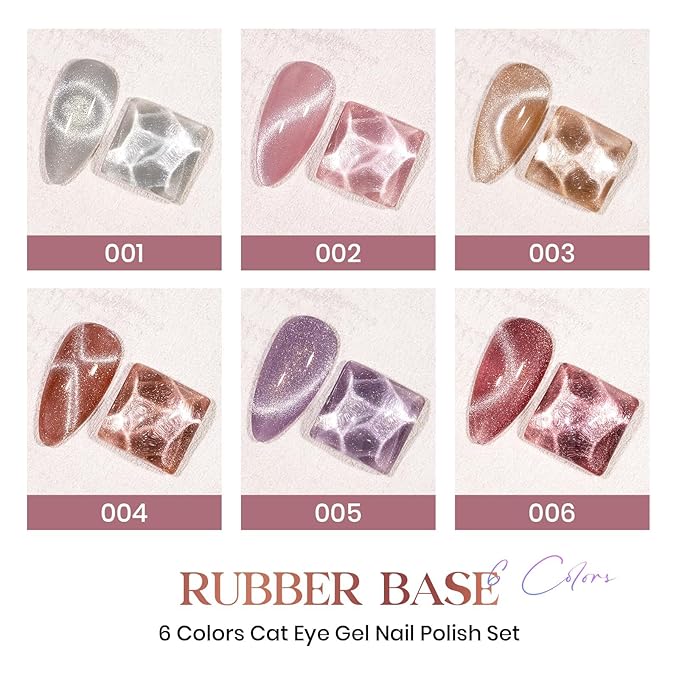 MIZHSE Cat Eye Gel Polish Set, 3 in 1 Rubber Base Gel For Nails, 6 Colors 10ml Holographic Glitter Cat Eye Gel with 2 Magnets, No Need Base Coat Fast Cure Soak Off LED Nail Gel
