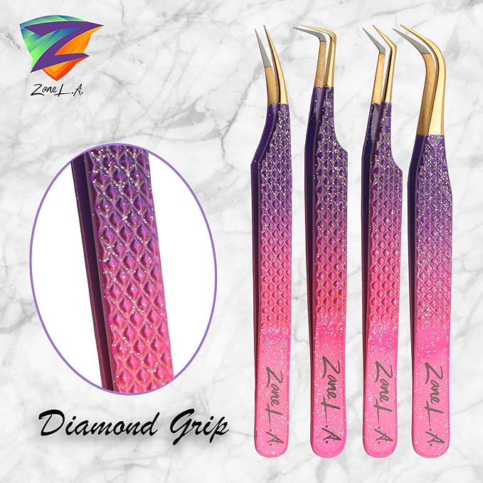 Nano Fiber Tip Professional Eyelash Extension Tweezers, a pack of 4, Quality tweezers made with Japanese Stainless Steel, includes Stylish Half Moon Mirror. (Multi-Color)