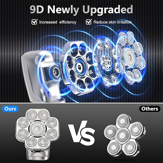 9D Head Shaver for Bald Men, 5-in-1 Electric Razor for Men with Nose Hair Trimmer, Cordless Rechargeable & Waterproof Bald Head Shavers for Wet/Dry with Large Battery, LED Display