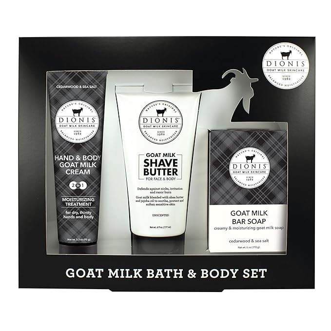 Dionis Goat Milk Skincare Cedarwood & Sea Salt Bath & Body 3pc Gift Set - Blended Shea & Jojoba Oil Shave Butter For Sensitive Skin, Hydrating, Moisturizing Lotion & Nourishing Triple Milled Bar Soap