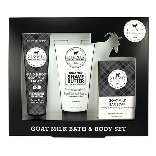 Dionis Goat Milk Skincare Cedarwood & Sea Salt Bath & Body 3pc Gift Set - Blended Shea & Jojoba Oil Shave Butter For Sensitive Skin, Hydrating, Moisturizing Lotion & Nourishing Triple Milled Bar Soap