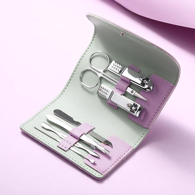 12 Set Manicure Set Bulk Mini Manicure Nail Clipper Kit 7 in 1 Stainless Steel Professional Nail Care Pedicure with Travel Portable Bag Grooming Kits for Women Men Home(Purple)