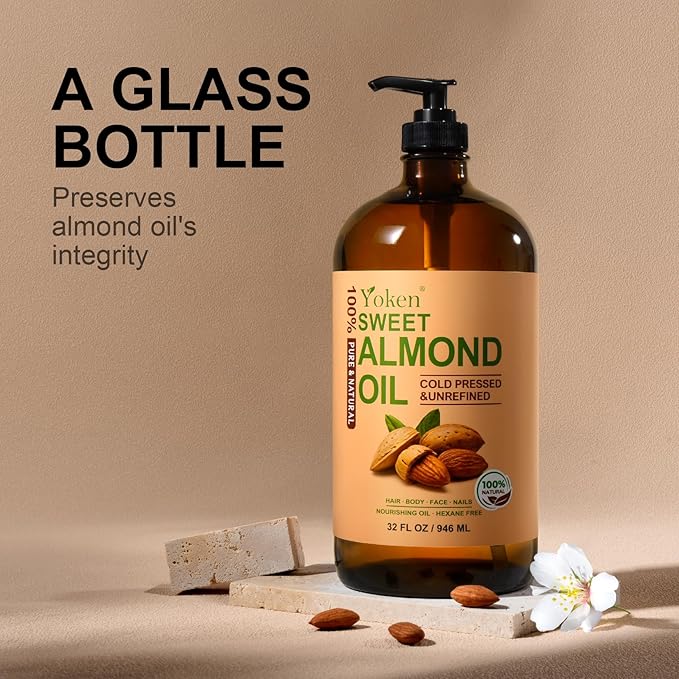 Sweet Almond Oil 32 fl oz 100% Pure Cold Pressed Glass Bottle Sweet almond Oil for Skin, Hair, Almond Oil for Hair Moisturier, Smooth and Soft Skin, Carrier Oil for DIY, Massage