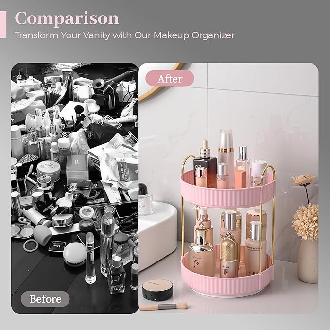 Aveniee 360 Rotating Makeup Organizer for Vanity, Skincare Perfume Organizers Large Capacity, Bathroom Countertop Organizer and Storage, Clear Cosmetics Lipstick Holder for dresser(2 Tiers, Pink)