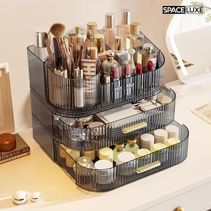 Makeup Organizer with Drawers and 360° Rotating Brush Holder, Large Capacity Cosmetic Storage for Vanity, Skincare, Perfume, Hair Accessories, Lipstick & Jewelry (Transparent Gray, 3-layer)
