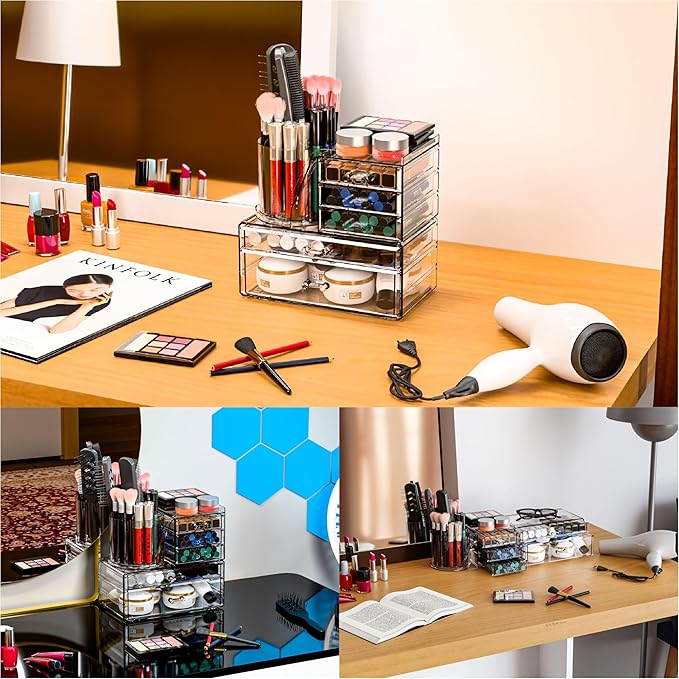 Clear Acrylic Makeup Organizers for Countertop & Vanity,2 Pack Cosmetic Storage Organizer with Brush Holder,Cute Makeup Holder and Make up Containers for Dresser Top,Dorm,Bathroom Skincare Organizer