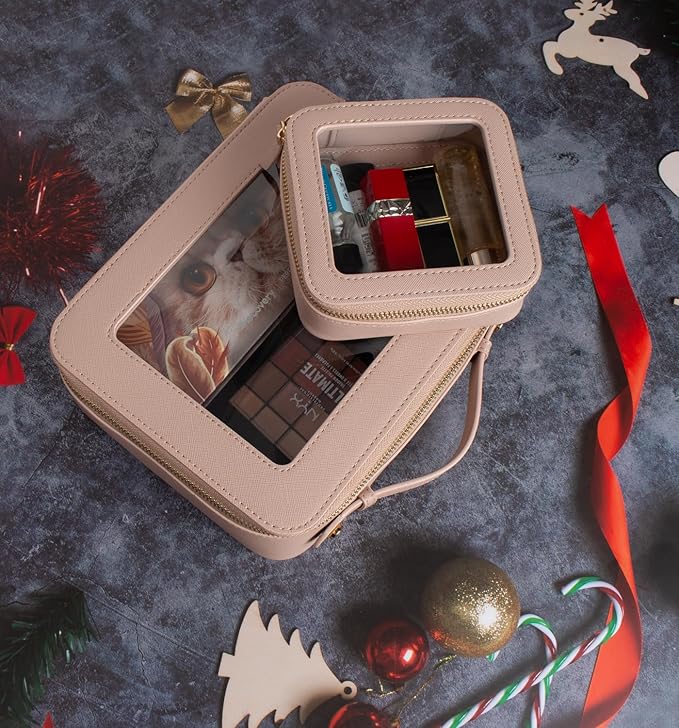 Clear Makeup Bags TSA Approved Toiletry Bag Handle Large Opening,Clear Toiletry Bags for Carry-on Traveling Travel Car Accessories Essentials Organziation Storage Women Girls(Nude Pink, Mini&Large)