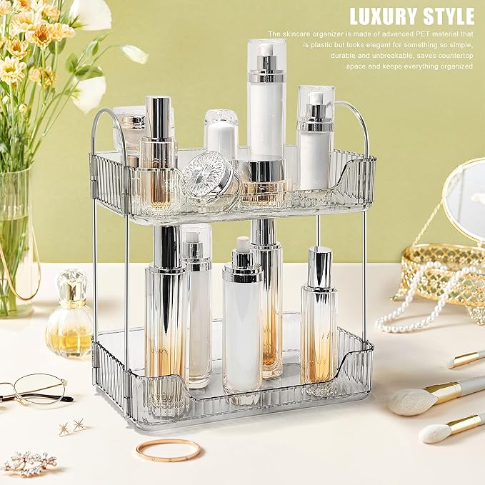 Bathroom Counter Organizer Countertop Storage Skincare Countertop Makeup Organizer Cosmetics Skincare Organizers Holder for Perfume-Grey-Silver Pole