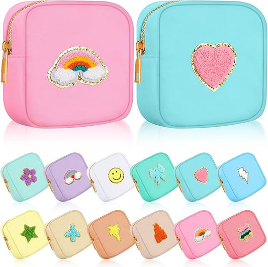 Sumind 12 Pcs Preppy Patch Cute Makeup Bag Travel Cosmetic Toiletry Chenille Skincare Bag Portable Nylon Organizer Storage Purse Small Zipper Makeup Pouch Daily Use Storage Purse for Women Girls Gift