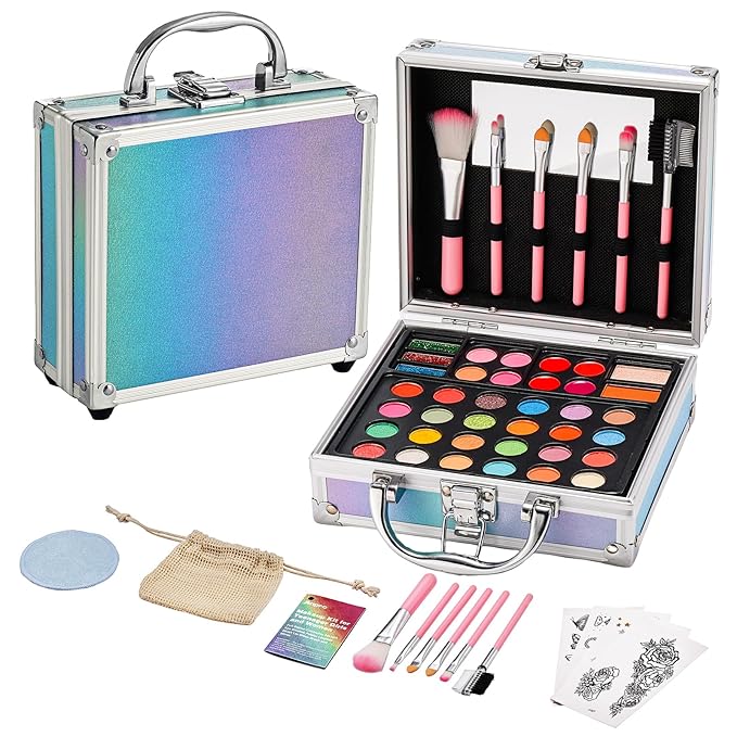 Anpro All-In-One Makeup Carry Case with Pro Teen Makeup Set, Full Starter Cosmetics Kit with Makeup Brushes, Eye Shadows Palette, Blushes, Glitter Gel, Temporary Tattoo Stickers - Pink, Style01