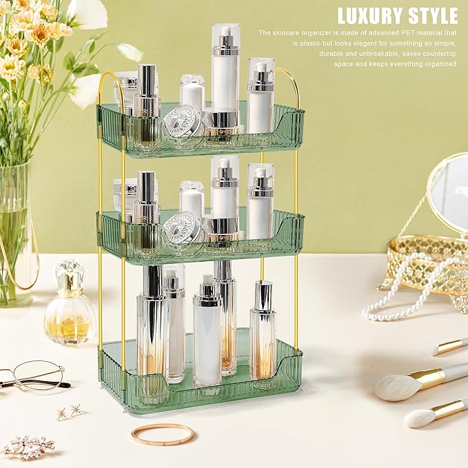 Bathroom Counter Organizer Countertop Storage Skincare Countertop Makeup Organizer Cosmetics Skincare Organizers Holder for Perfume-Green-Golden Pole-3 Tier