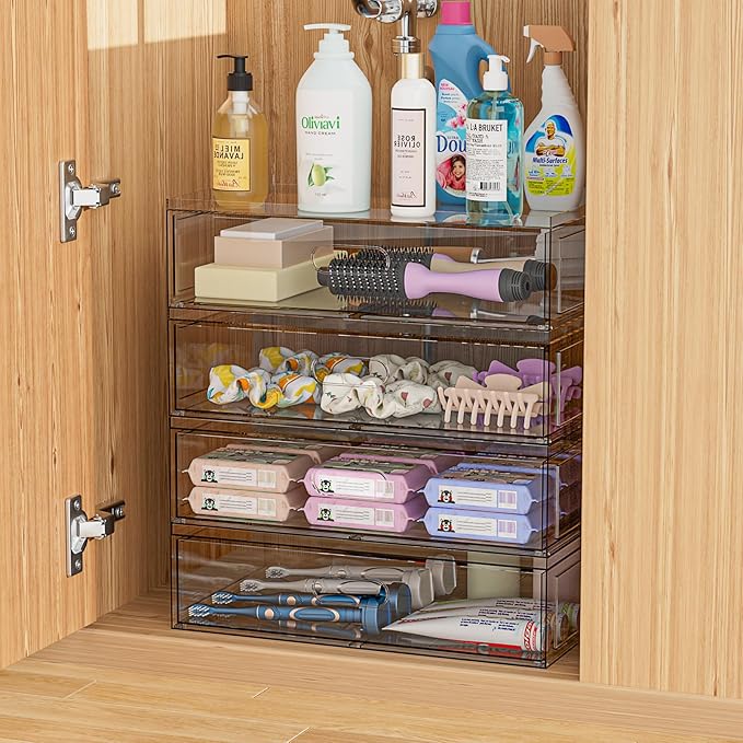 3 Tier Clear Stackable Makeup Organizer with Drawer, 12''W Acrylic Storage Drawers, Cosmetic Display Case for Vanity Bathroom Countertop, Beauty Holder for Lipstick Brush Skincare Perfume