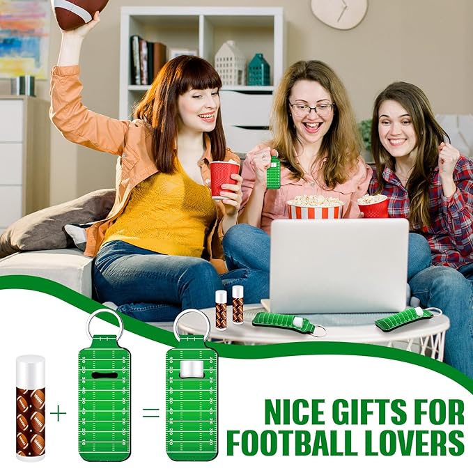 18 Sets Party Favors Lip Balm and Lipstick Holder Keychain Bulk Sport Ball Team Gifts Natural Moisturizing Lip Balm Keychains Pouch for Team Gifts Sports Party Supplies(Rugby)