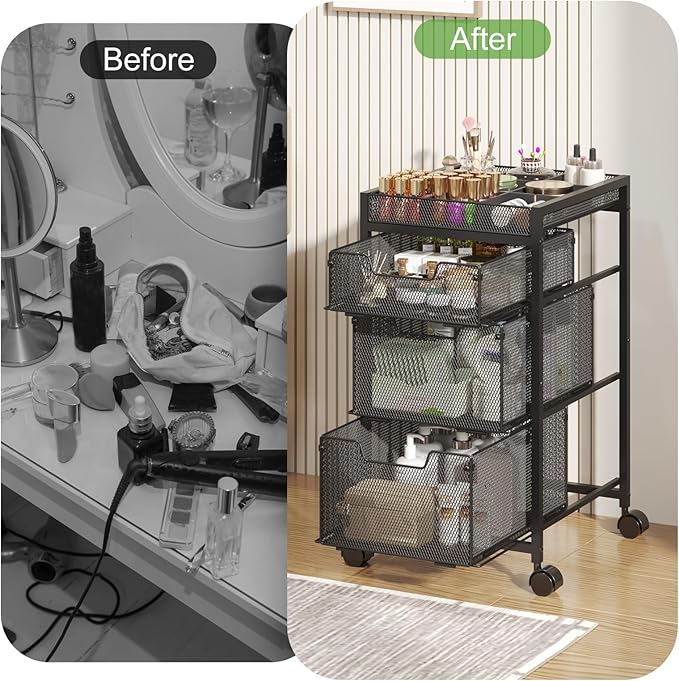 JKsmart Rolling Makeup Cart Organizer with 3 Drawers, Cosmetics Display with Dividers, Floor Skincare Storage with Wheels, Versatile Vanity Organizer for Nail Polish Perfume Brush Hair Tool, Black