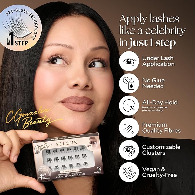 Velour x CGonzalez Beauty Self-Stick Lash Clusters, Self Adhesive Eyelashes, Includes 18 Eyelash Clusters, Comfortable & Lightweight Lash Extension Cluster