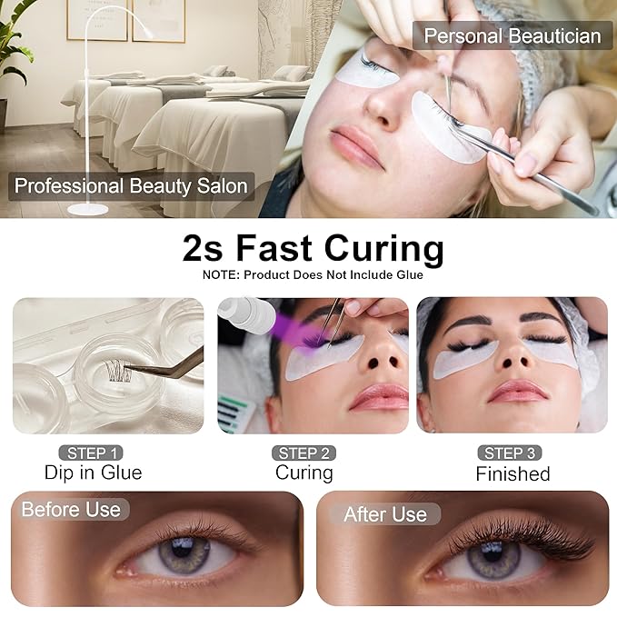 12W UV Lash Light with Foot Pedal, Rapid Dry in 2 Seconds Lash Lamp for Eyelash Extension Grafting Eyebrow Beauty Salon, Adjustable Angle and Light Spot Size, Lash Lamp for Eyelash Tech (White)