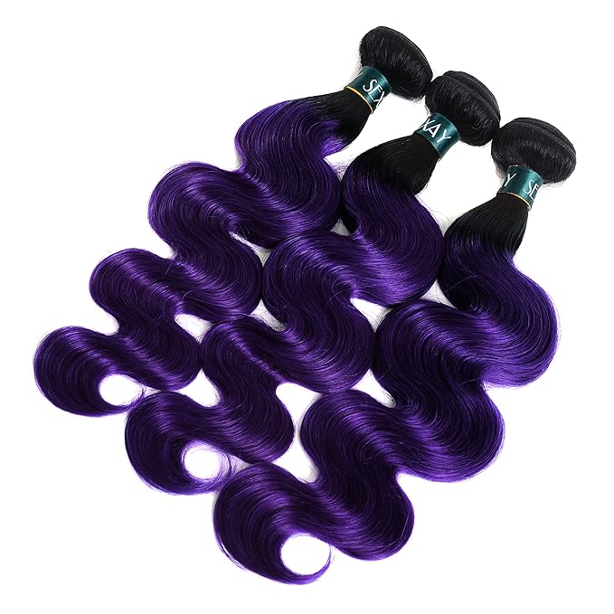 Purple Bundles Body Wave Human Hair Weave 3 Bundles Virgin Hair, Brazilian Remy Hair Ombre 1b/Purple 2 Tone Ombre Hair Wavy For Women(141618)