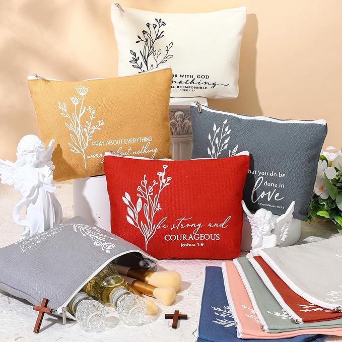 10Pcs Christian Gifts for Women Religious Cosmetic Bags Inspirational Bible Verse Pencil Pouch Canvas Makeup Bags Bulk with Zipper for Mother Sister Church Favors