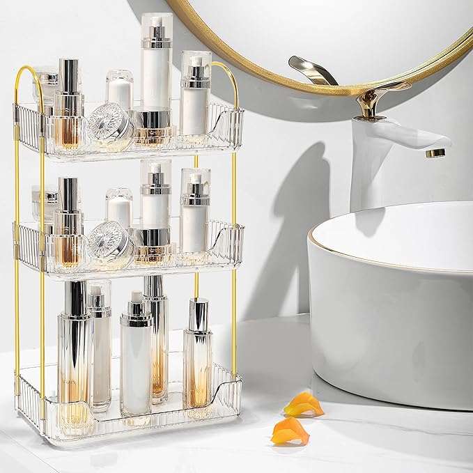 Bathroom Counter Organizer Countertop Storage Skincare Countertop Makeup Organizer Cosmetics Skincare Organizers Holder for Perfume-Clear-Golden Pole-3 Tier