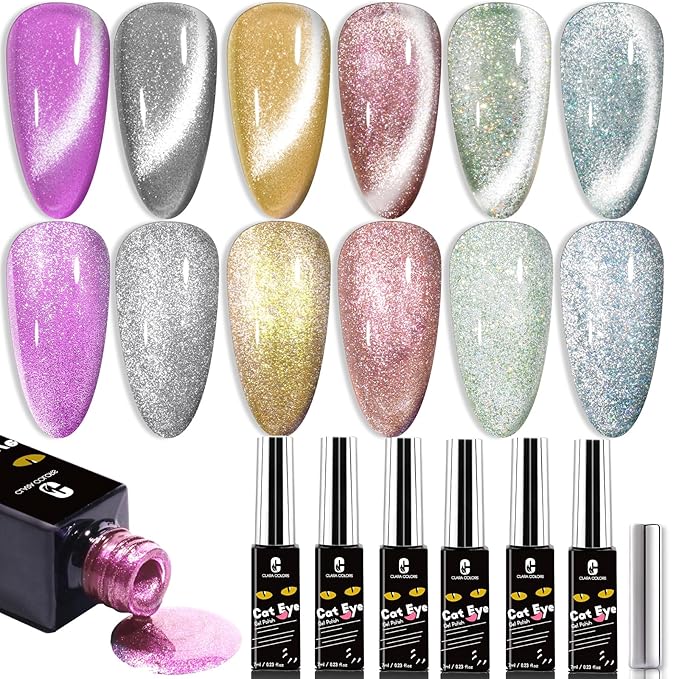 Clara Colors Cat Eye Gel Nail Polish Set, 6 Colors Autumn Holographic Glitter Cat Eye Gel Polish Kit with Magnet Romantic Galaxy Series Magnetic Nail Polish Long Lasting Soak Off UV LED