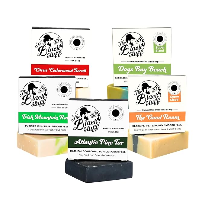 All Natural Bar Soap for Men Handmade Cold Process with Organic Ingredients and Essential Oils Mens Soap - Pine Tar, Citrus Cedarwood, Irish Mountain Rain, Good Room, Dogs Bay Beach Pack of 5