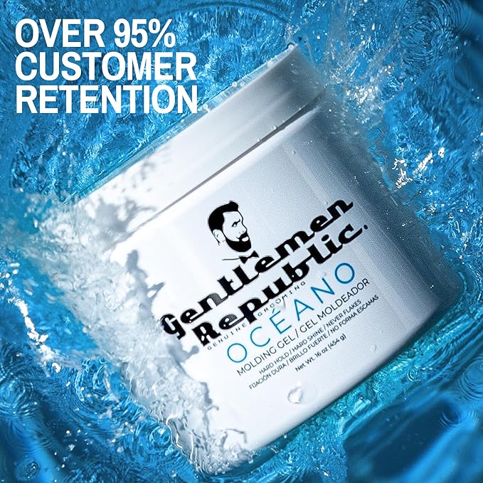 Gentlemen Republic Oceano Men's Hair Gel 16oz - Strong Touchable Hold and High Shine Styling Gel for Hair, 100% Alcohol-Free Professional Formula with Fresh Scent, Mens Hair Product Made in USA